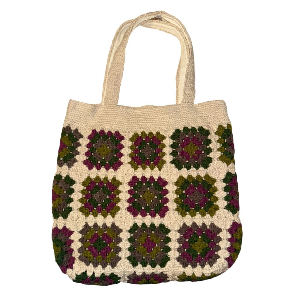 Handmade Granny Square Tote Bag Cream Purple Patchwork Cottage Retro Boho Hippie